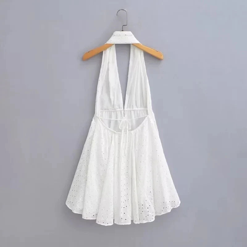 Foridol White Beach Summer Dress Women Backless Cotton Lace Short Autumn Sundress Women Clothing Halter A-line Pleated Dress