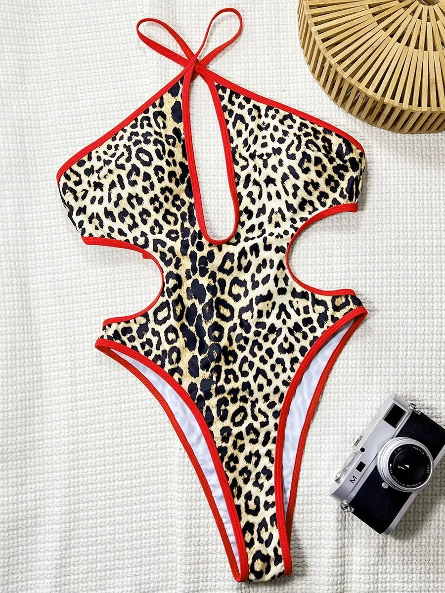 Splicing Leopard Hollow Out Women Swimwear One Piece Swimsuit Female Backless Monokini High Leg Cut Bathing Suit Swim Bodysuit