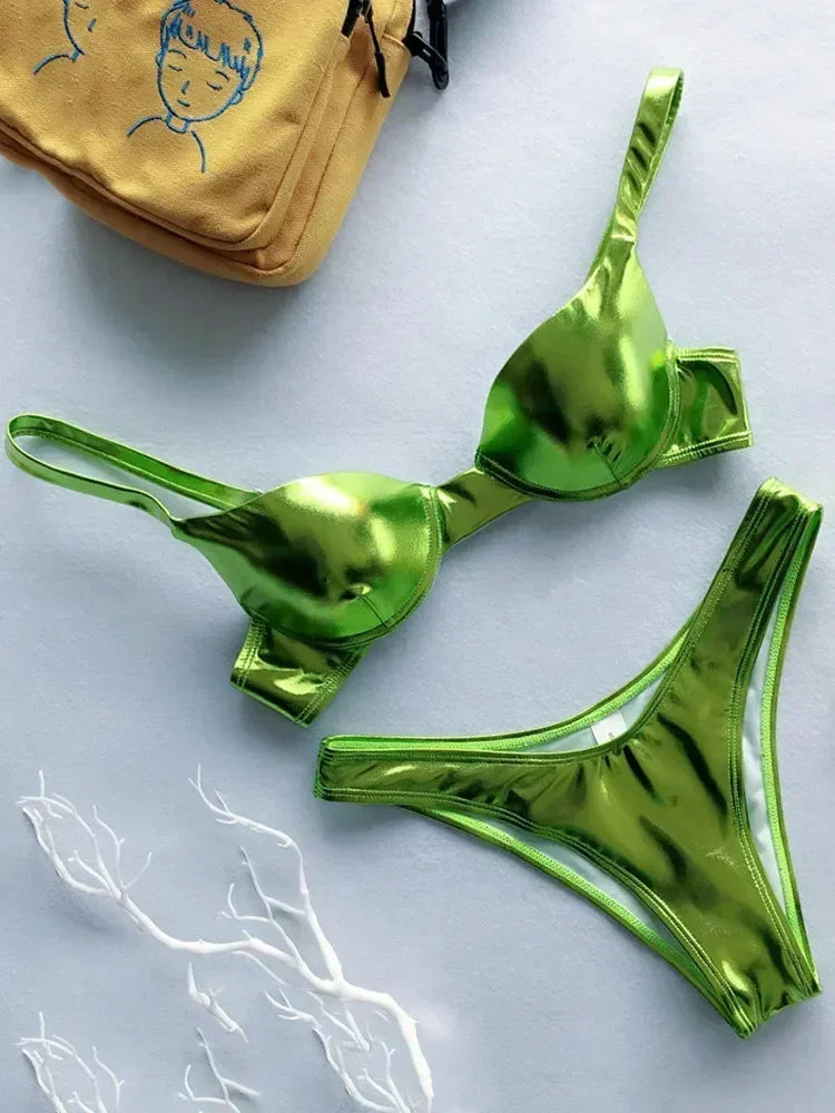 Shiny PU Faux Leather Bikini 2025 Push Up Swimsuit Women Swimwear Female Two-pieces Bikini set Bra Cup Bather Bathing Suit Swim
