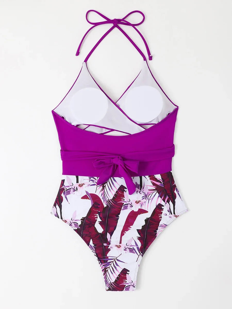 2026 Cross Print Halter One Piece Swimsuit Women Monokini Swimwear Female Bathers Bathing Swimming Suit Beachwear Summer