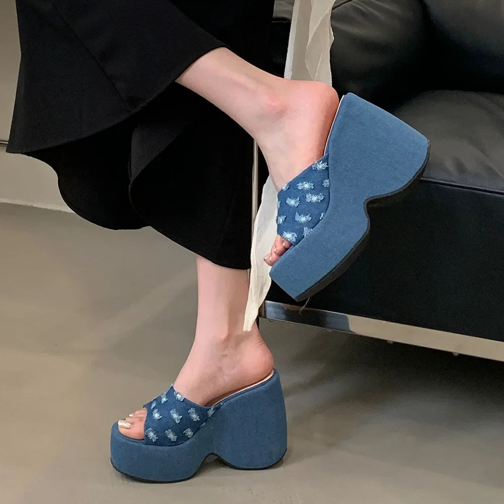 2025 Vintge Denim Blue Summer Chunky Platform Sandals Women Slides Chunky High Heels Wedges Shoes Mules Outdoor Slipper