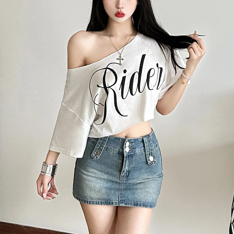 Letter Print Oversized Tees Women Skew Collar Off Shoulders Short Sleeves T-shirt Irregular Hem Hip-hop Style Trend Crop Tops