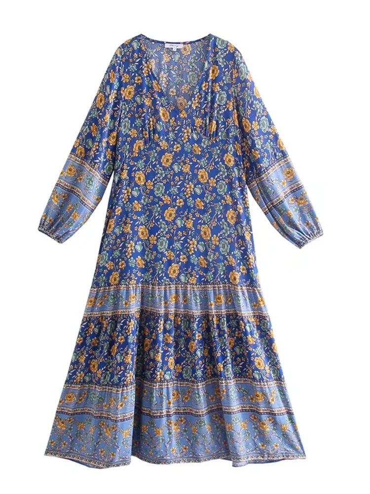 Foridol Bohemian Printed Floral Women Long Dress with Sleeve Spring Summer New in Midi Vestidos Casual Beach Boho Dress Women