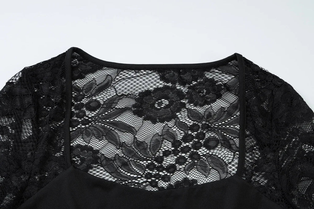 FDYOUI 2026 New Lace Patchwork Long Sleeve T-shirts for Women Square Collar See-through Slim Crop Tops White Black Tee Shirt