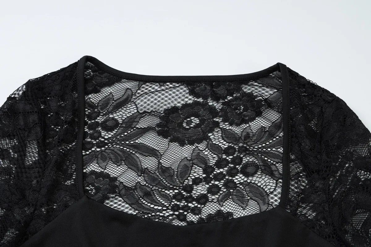 FDYOUI 2026 New Lace Patchwork Long Sleeve T-shirts for Women Square Collar See-through Slim Crop Tops White Black Tee Shirt