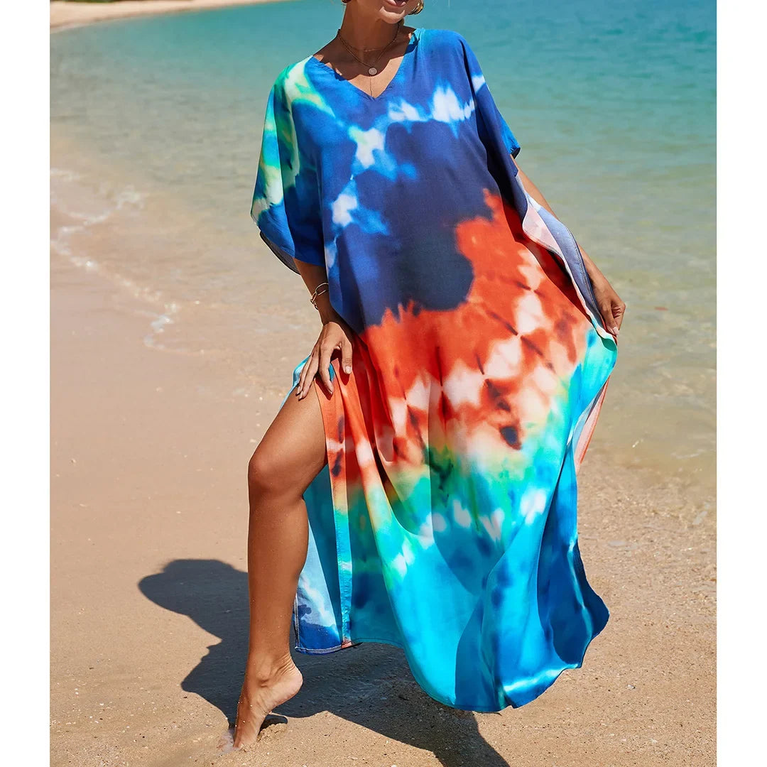 2026 New Colorful Kaftan Tunic Beach Dress Beach Wear Beachwear Beach Cover Up Cover-upsLoose Maxi Dress Female Women V4428