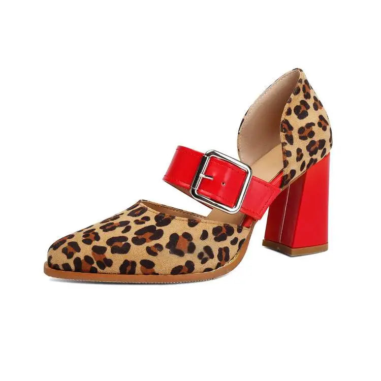 Spring  Autumn New Model Fashion High Heels Nude Shoes Color Blocking Pointed Tip Buckle Leopard Print Sexy Party Women's Shoes