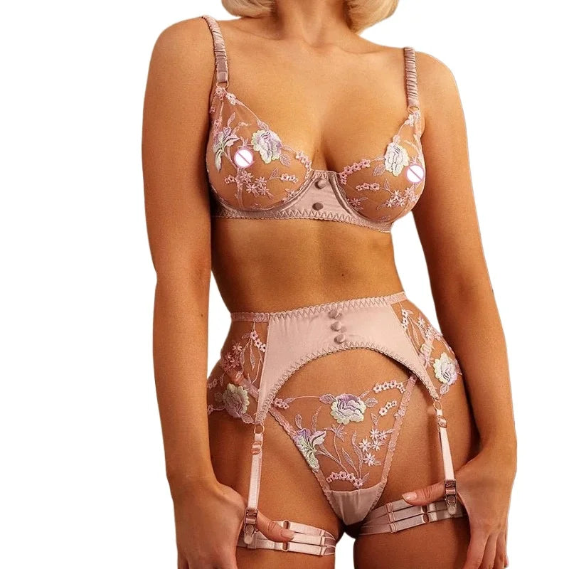 Toucheart 4-Piece Set Sexy Lingerie Set Embroidery Patchwork Mesh See-Through Exotic Underwear Women Garter Belt Underwear Suit