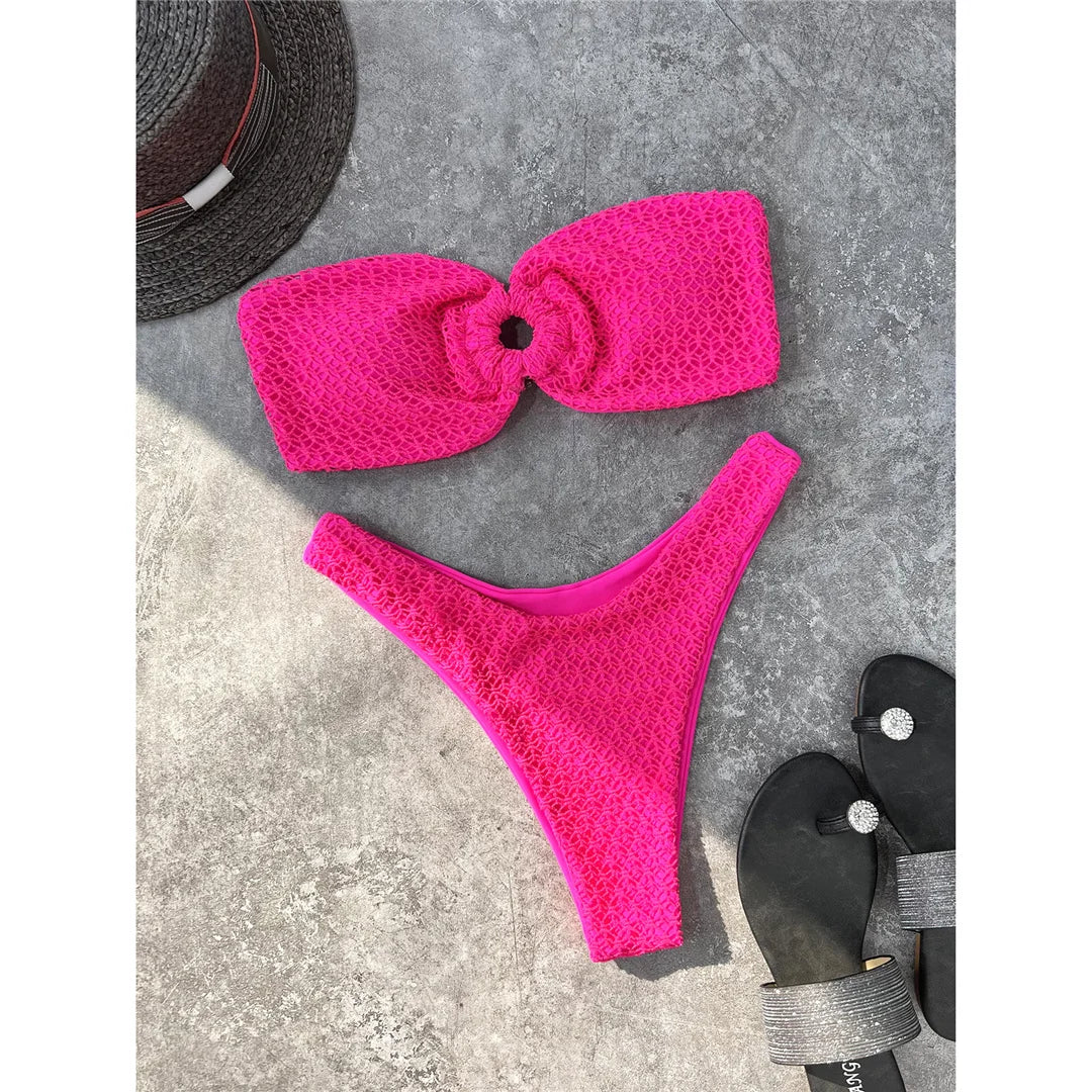 Wrinkled Bandeau High Cut Bikini Women Swimwear Female Swimsuit Two-Pieces Bikini Set Strapless Bather Bathing Suit Swim V3367