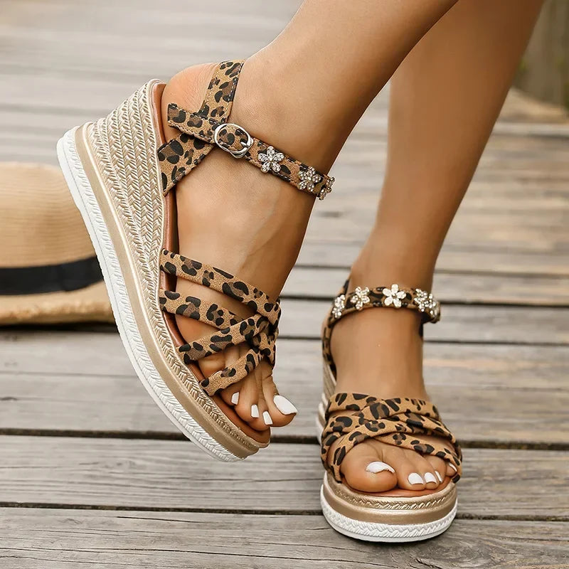 2025 Wedge Heel Leopard Print Sandals Women Fashion Crystal Flowers Thick Bottom Sandalias Mujer Cross Band Platform Sandles 43