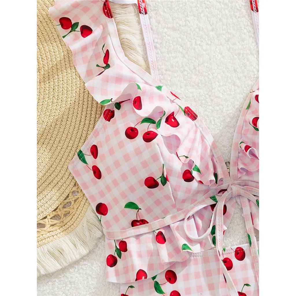S - XL Cherry Printed Plaid Cut Out One Piece Swimsuit Women Swimwear Female Frilled High Leg Cut Bather Bathing Suit Swim V7557