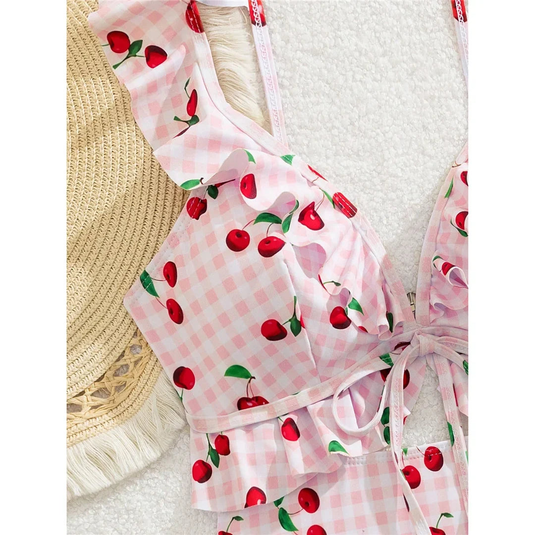 S - XL Cherry Printed Plaid Cut Out One Piece Swimsuit Women Swimwear Female Frilled High Leg Cut Bather Bathing Suit Swim V7557