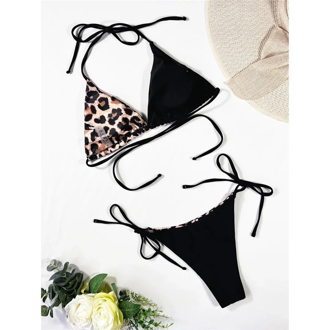 Halter Splicing Leopard Bikinis 2026 Satin Bikini Female Swimsuit Women Swimwear Two-pieces Bikini Set Micro Bathing Suit Swim