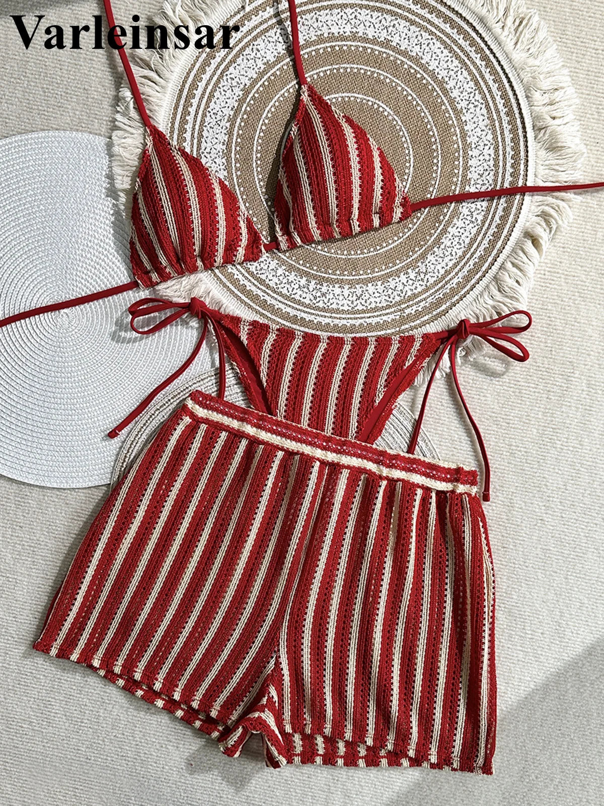 With Shorts Striped Halter Bikini Female Swimsuit Women Swimwear Three-Pieces Bikini Set Padded Bather Bathing Suit Swim V7159