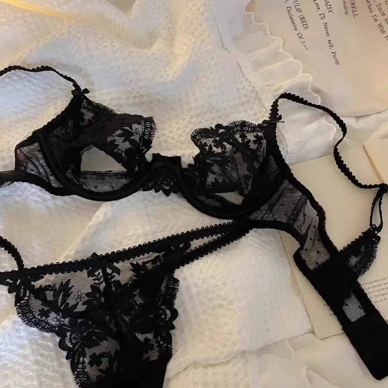 MOYISU Parisian Lace Half Cup Bra Set - Ultra-Thin Underwire Summer Lingerie with Sheer Cutouts & No Sponge Sexy French Desire