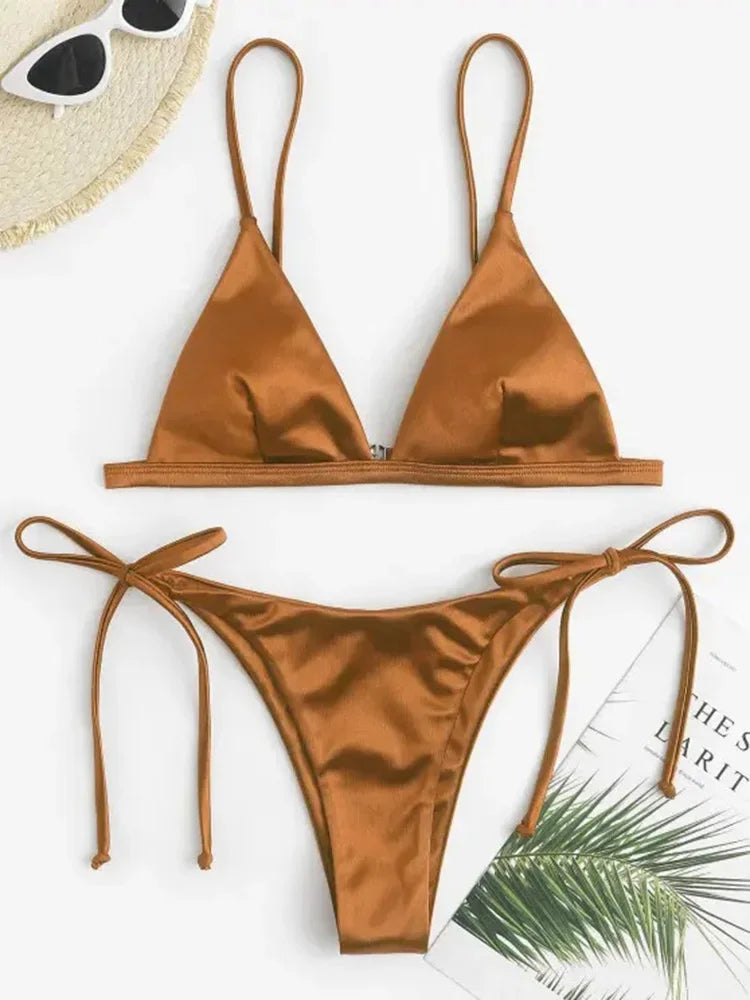 2025 Metallic Satin High Cut Brazilian Bikini Women Swimwear Female Swimsuit Two-pieces Bikini Set Bathing Suit Swim Beach Wear