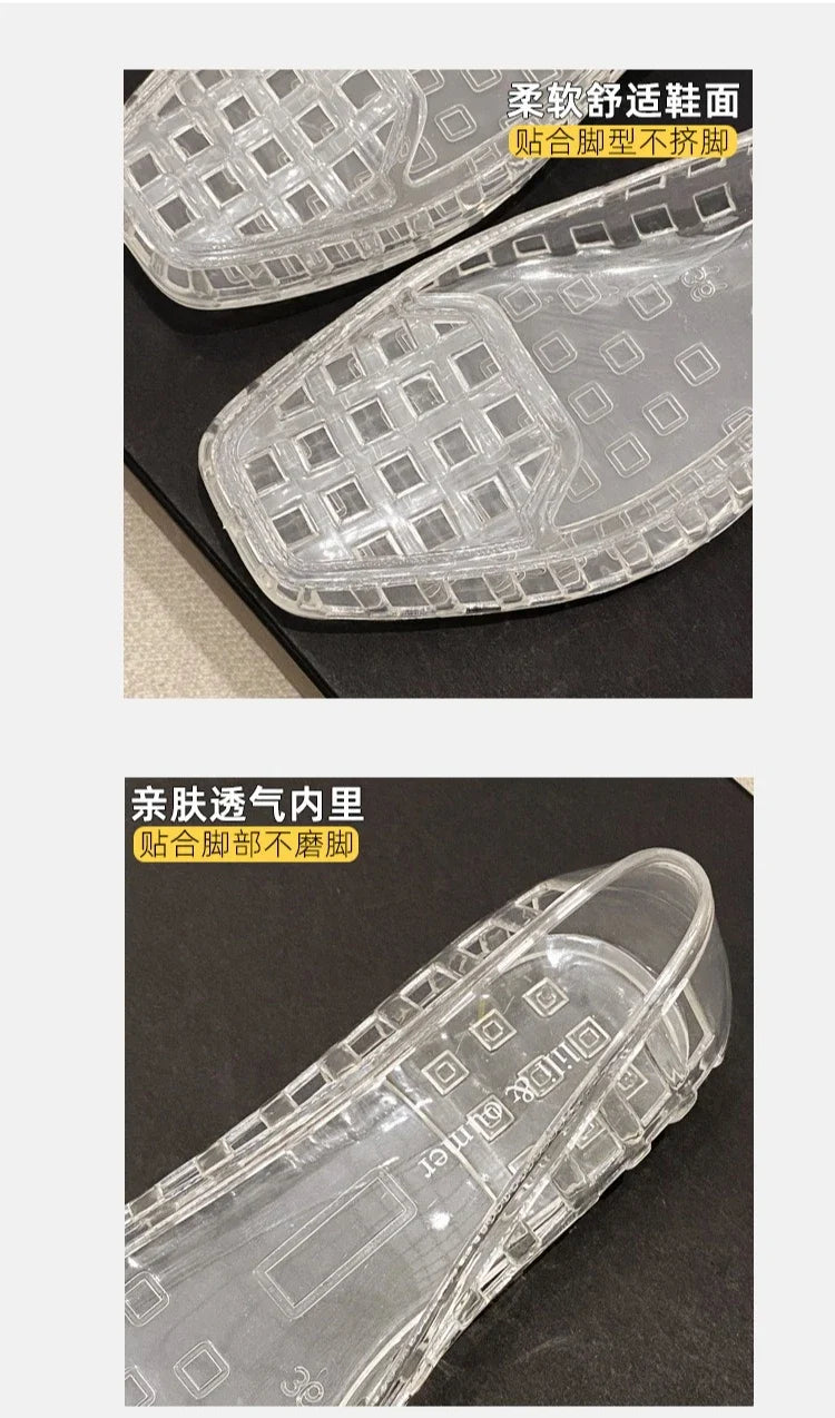 New 2025 Women Fashion Jelly Shoes Summer Cut-out Flat Sandals, Soft PVC Casual Square Toe Girls Daily Walking Sandalias