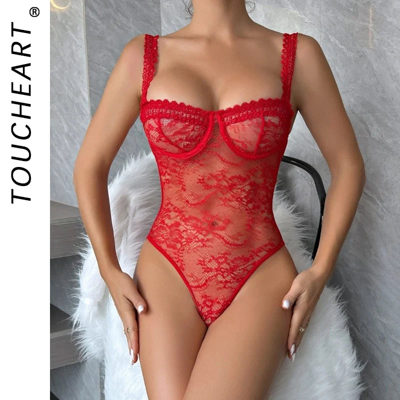 Toucheart Sexy Mesh Patchwork Embroidery Jumpsuit For Women Lace Sling Underwear Solid Color Sexy See-Through Backless Jumpsuit