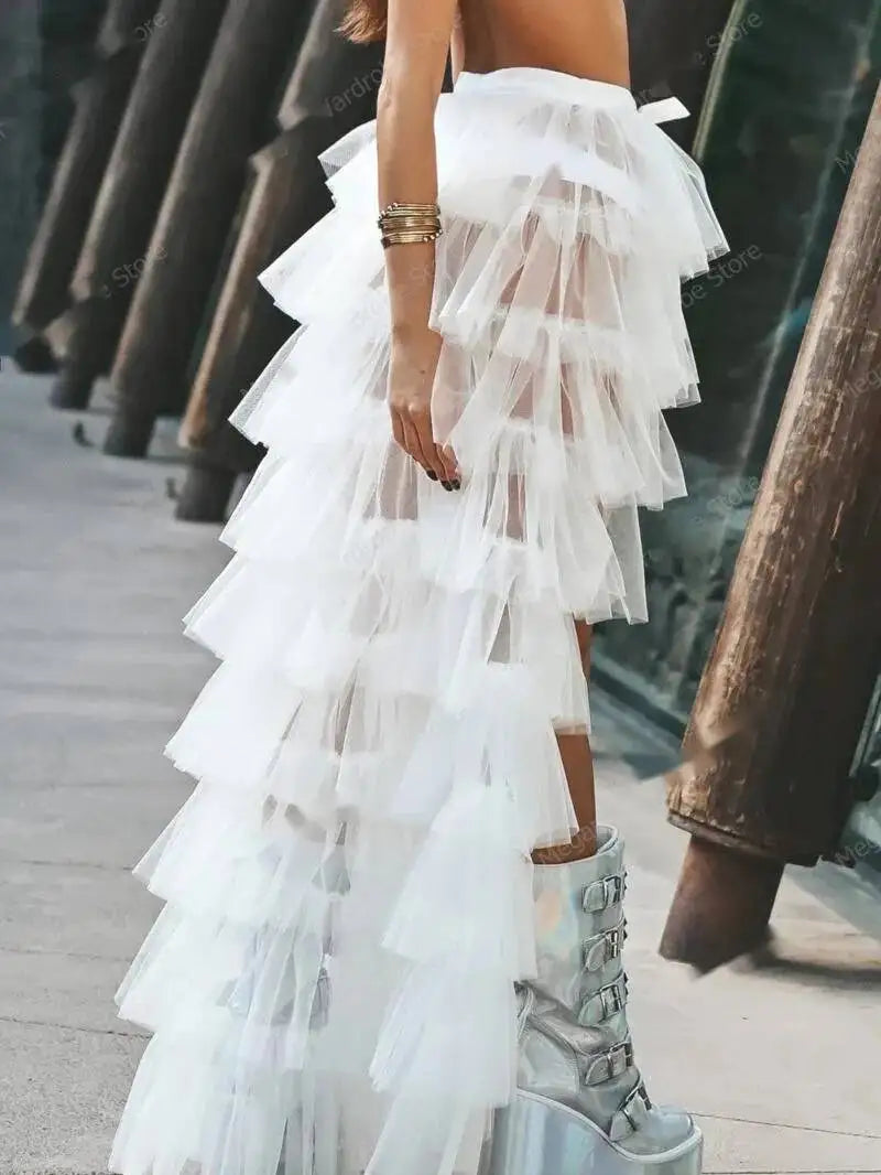White Ruffled Tiered Tulle Over Wrap Skirts Women Sheer Mesh Summer Maxi Skirt Low Long Beach Tulle Skirt Bridal Detachable FR8E