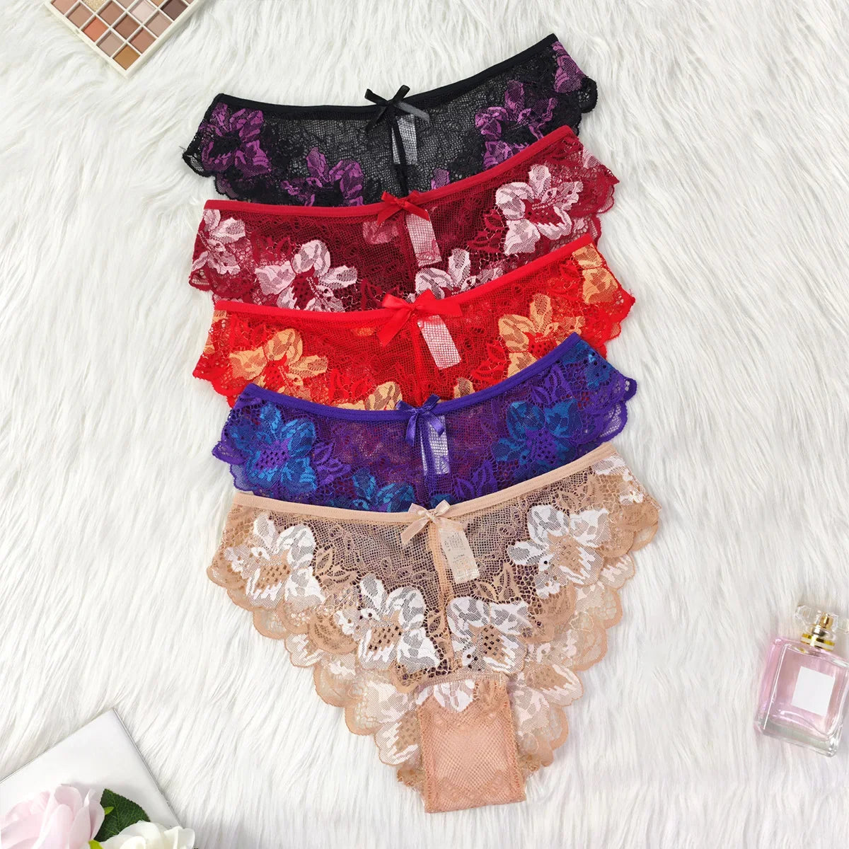5pcs Lace Sexy Women Panties Mid Waist Perspective Floral Ladies Briefs Breathable Comfortable Female Underwear