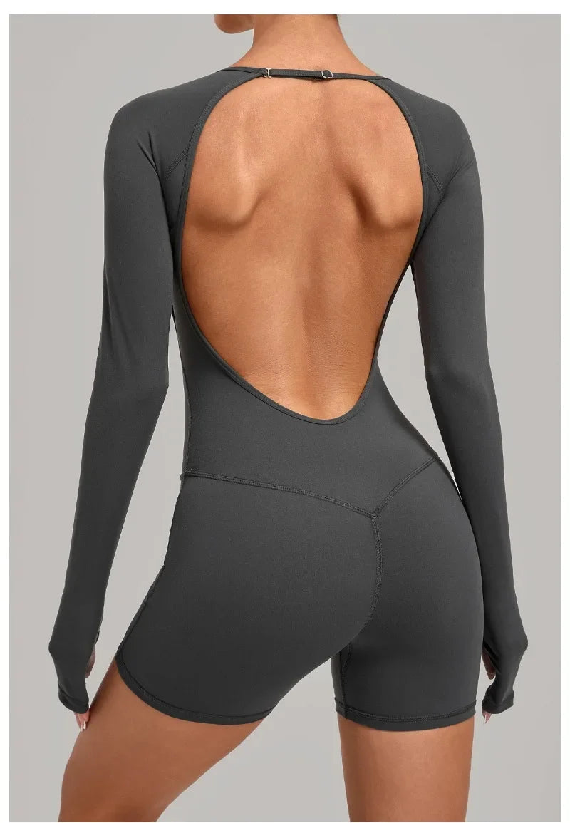 Women's Yoga Jumpsuits Sports Fitness Hip-lifting Long-sleeved Backless Running Training Workout Gym Shorts One-piece Bodysuits