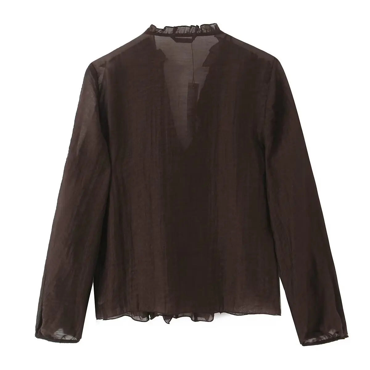 2026 Spring New Women Elegant Loose V Neck Wave Trim Polka Dot Blouse Thin Long Sleeve Top
