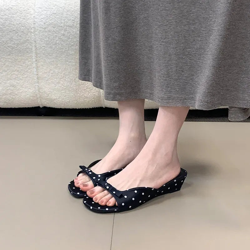 2026 New Polka Dot Wedges Heels Women Slippers Fashion Open Toe Butterfly-knot Party Dress Slide Summer Outdoor Daily Wear Shoes