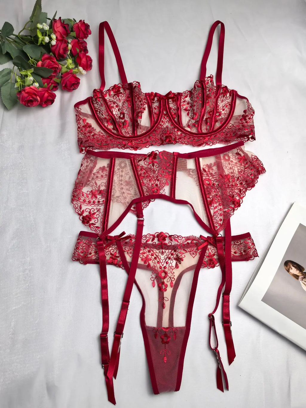 Women's New Floral Embroidered See-Through Mesh Lingerie 4-Piece Set - Sexy Underwear for Special Nights