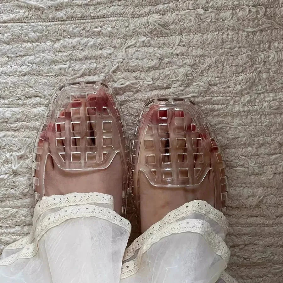 New 2025 Women Fashion Jelly Shoes Summer Cut-out Flat Sandals, Soft PVC Casual Square Toe Girls Daily Walking Sandalias