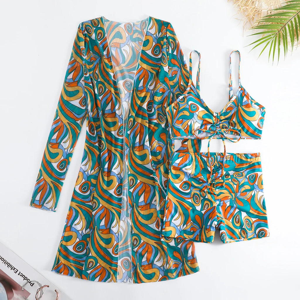 New Sexy 3 Pieces Suit for Women Neck Hanging Bikini Set+Cover-up Swimwear Sunproof Tankini High Waist Shorts Swimsuit Beachwear
