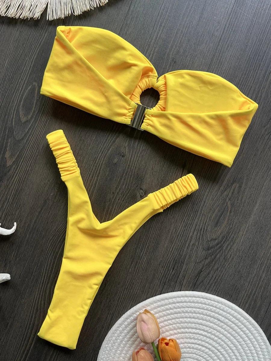 Wrinkled Bandeau High Cut Mini Thong Bikini Female Swimsuit Women Swimwear Two-pieces Bikini Set Bather Bathing Suit Swim Lady
