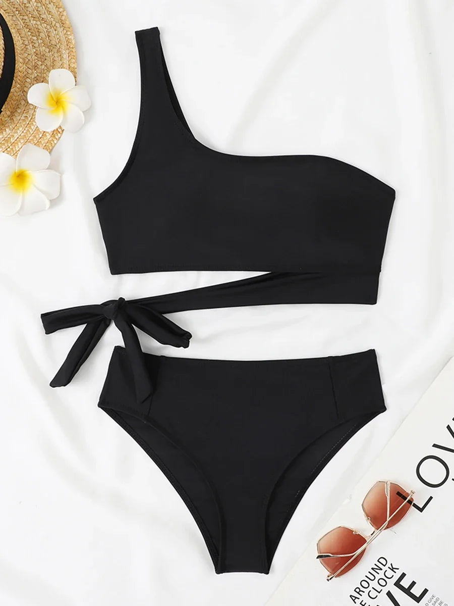 One Shoulder Bikini Set Sexy 2025 Swimsuit Women Solid Padded Swimwear Female Bathers Bathing Swimming Swim Suit Beachwear