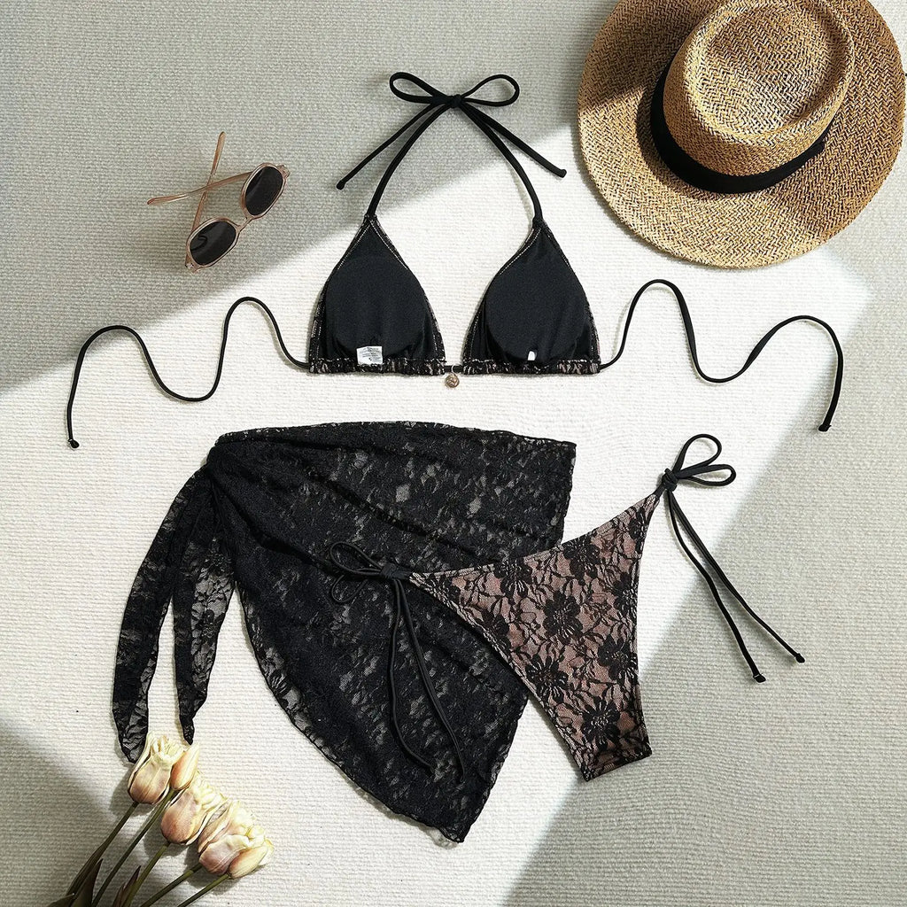 with Mesh Sarong Lace Halter High Cut Bikini Female Swimsuit Women Swimwear Three-pieces Bikini Set Bathing Suit Swim Beachwear