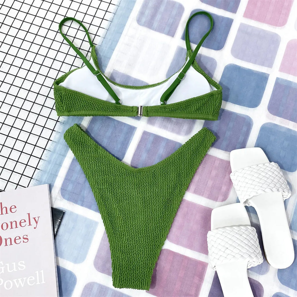 7 Color Sexy Padded Wrinkled Crinkled Bikini Women Swimwear Female Swimsuit Two-Pieces Bikini Set Bather Bathing Suit Swim V3032