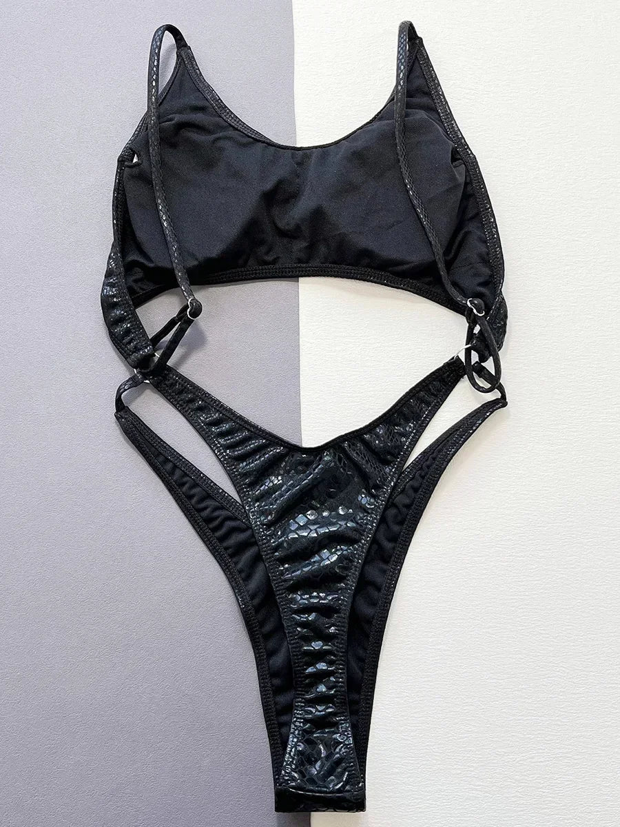 Snake Skin Tummy Cut Out Mini Mirco Thong One Piece Swimsuit Women Swimwear Female Monokini Backless Bathing Suit Swim Beachwear