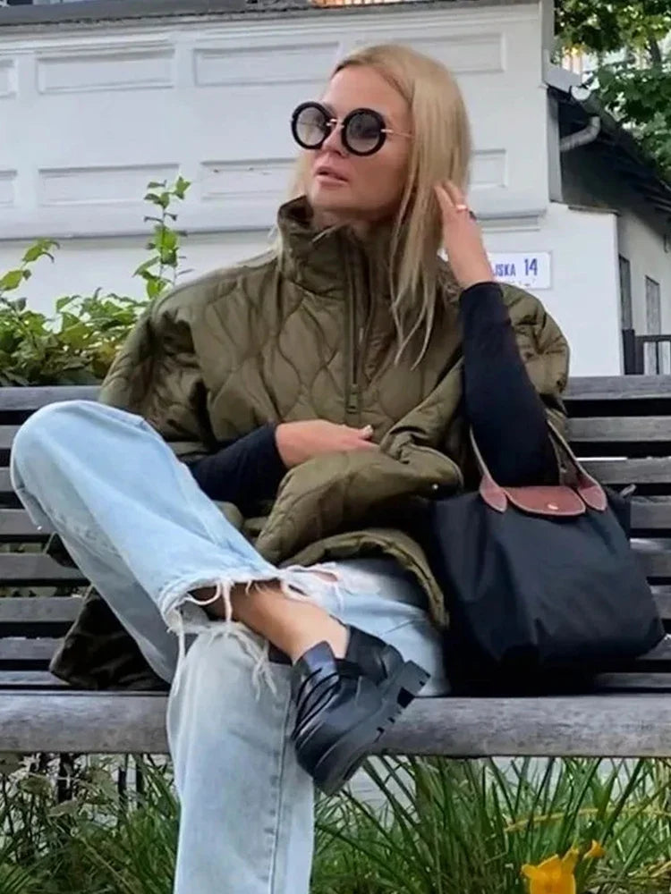 Quilted Argyle Coat Cape Rainproof Jacket Women Winter Jacket Army Green Casual Padded Loose Parkas Oversize Turtleneck Coat