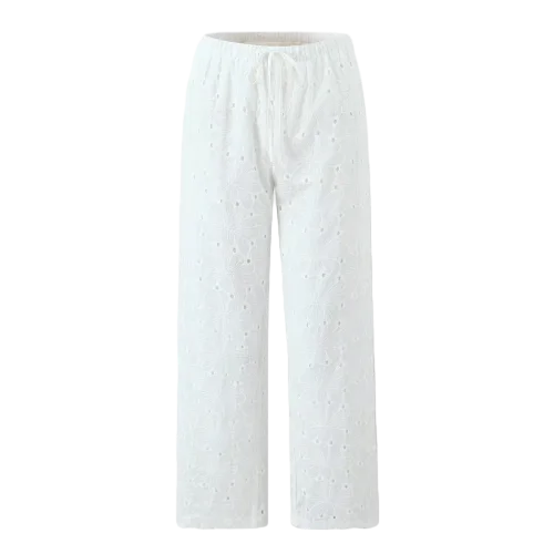 Foridol Hollow Out Cotton Women's 2 Pieces Set White Summer Pants Set Embroidery Top Pants Suit Matching Set Beach Casual Pants