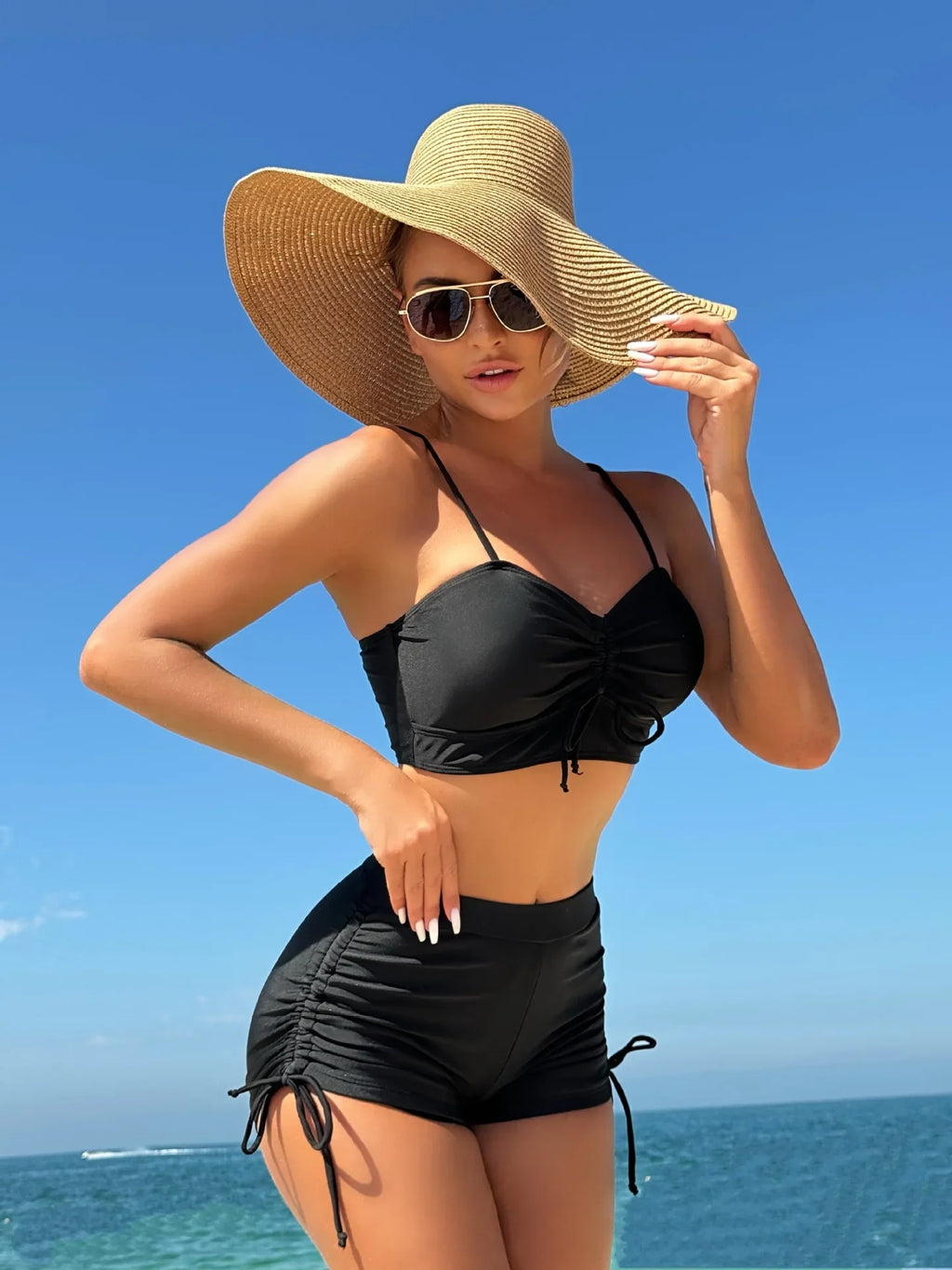 Wrinkled Knotted Shorts High Waist Bikini Female Swimsuit Women Swimwear Two-pieces Bikini Set Tankini Bathing Suit Swim Beach