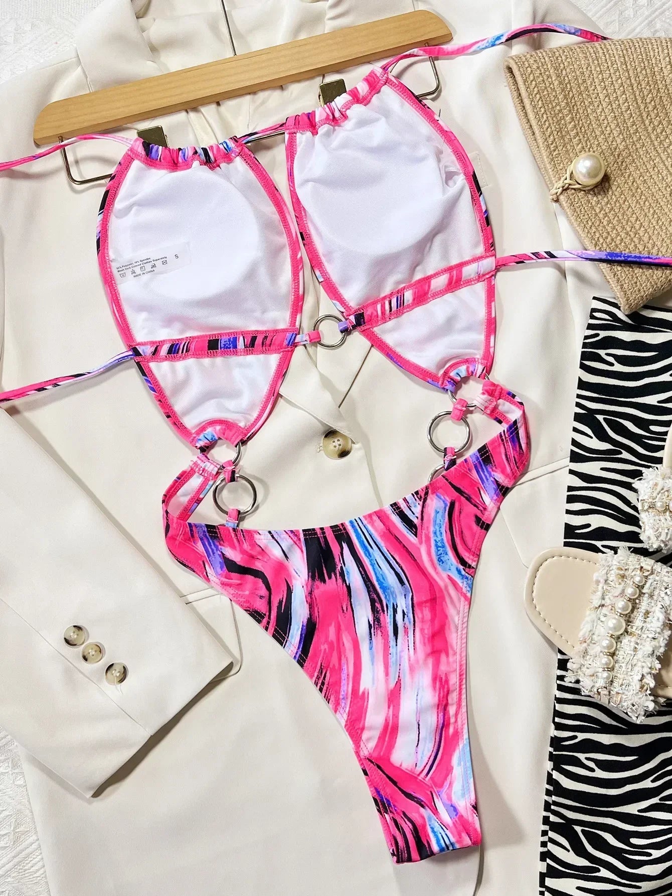 2026 Sexy One Piece Swimsuit Swimwear Women Print Hollow Circles Halter High Waist Bathing Suit Beachwear Maillot De Bain Femme