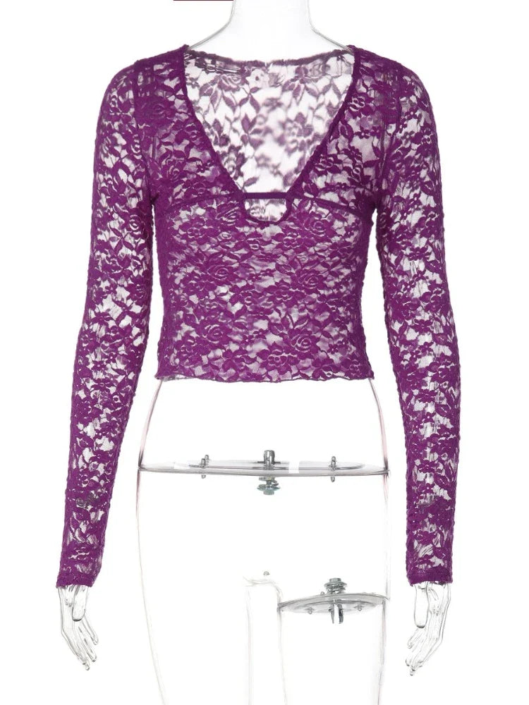 FDYOUI Sexy Deep V-neck Lace T-shirt 2026 Women Long Sleeve See-through Slim Tops Ladies Party Night Club T Shirts Streetwear