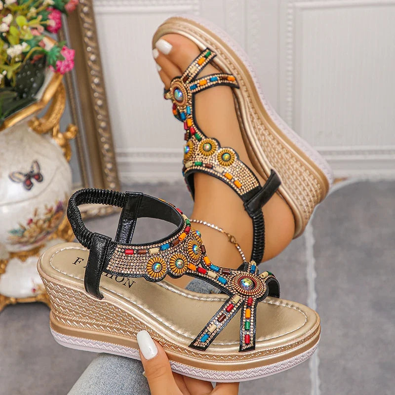 National Wind Beaded Wedge Heels Sandals Women Chunky Platform Slip On Gladiator Sandals Woman Plus Size 43 High Heel Sandalias