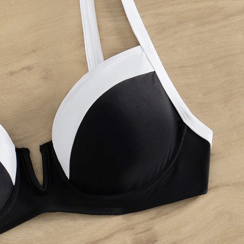 Sexy Black White Patchwork Bikini 2024 Women Halter V Underwire Push Up Micro Swimsuit Beach Bathing Suit High Waist Swimwear