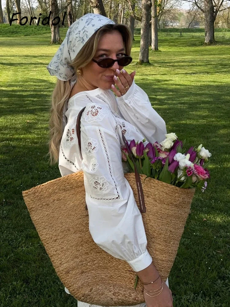 Foridol White Cotton Shorts Set Outfits Women Hollow Out Embroidery Two Pieces Set Outfits Shirt Shorts Matching Set Summer