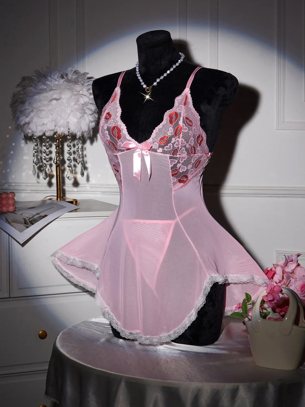 Pink Transparent Ultra Thin Hot Nightgown Women's Pajamas With Thongs Lace Mesh Dress For Sex V-Neck Backless Sexy Lingerie