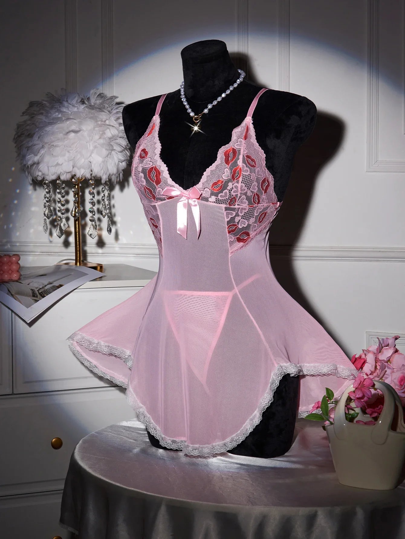 Pink Transparent Ultra Thin Hot Nightgown Women's Pajamas With Thongs Lace Mesh Dress For Sex V-Neck Backless Sexy Lingerie