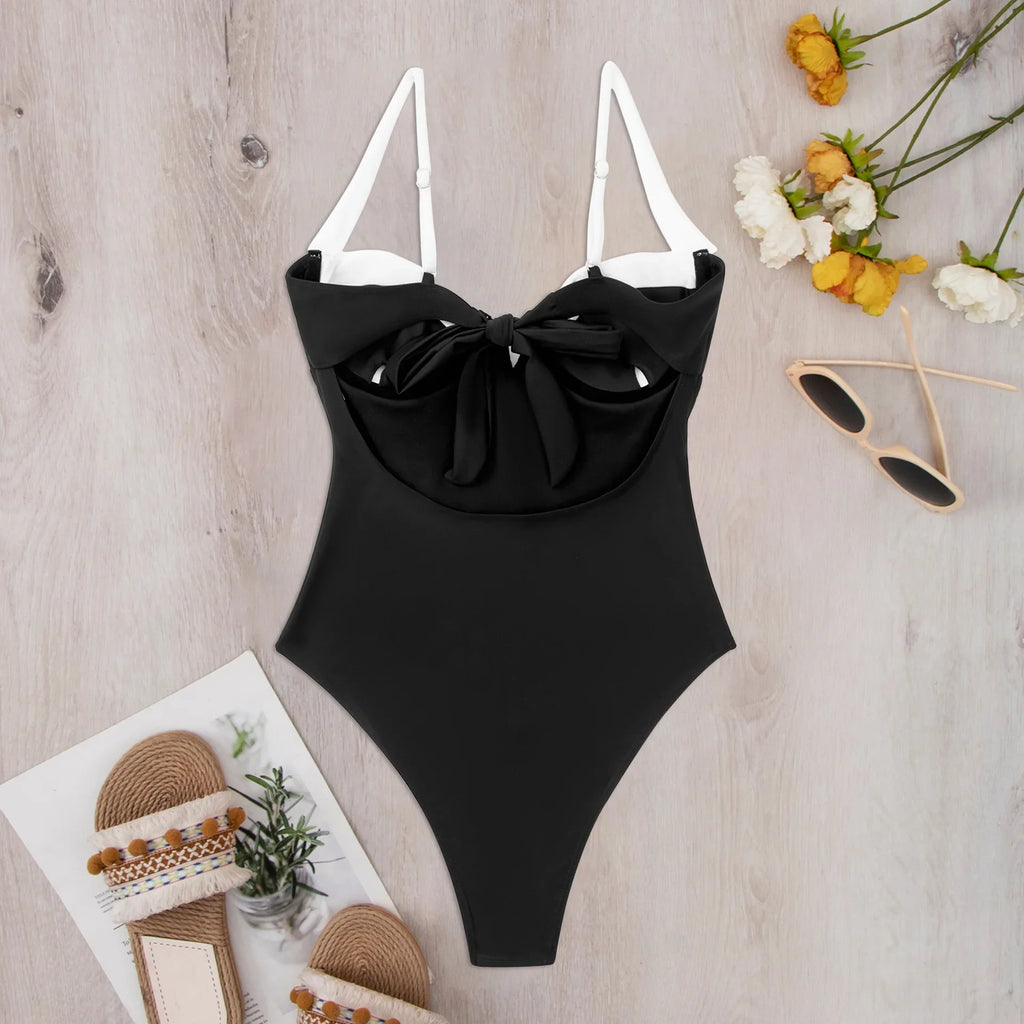 Sexy Black White Patchwork Underwire Swimsuit 2024 Women V Wire Push Up Tummy Control One Piece Swimwear Bathing Suit Bikini