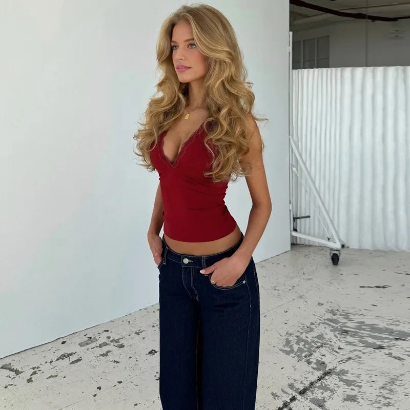 FDYOUI Deep V-neck Sleeveless Tank Tops Y2K Woman Clothes 2026 Summer Lace Patchwork T-shirt Girls Slim Corset Top Streetwear