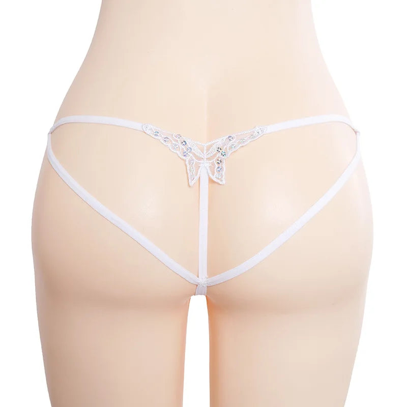 Double-Layer Thin Strap Sexy Thong Butterfly Embroidery Low Waist Sexy Bikini Pure Lace Sequins T-Shaped Panties Sexy G-strings