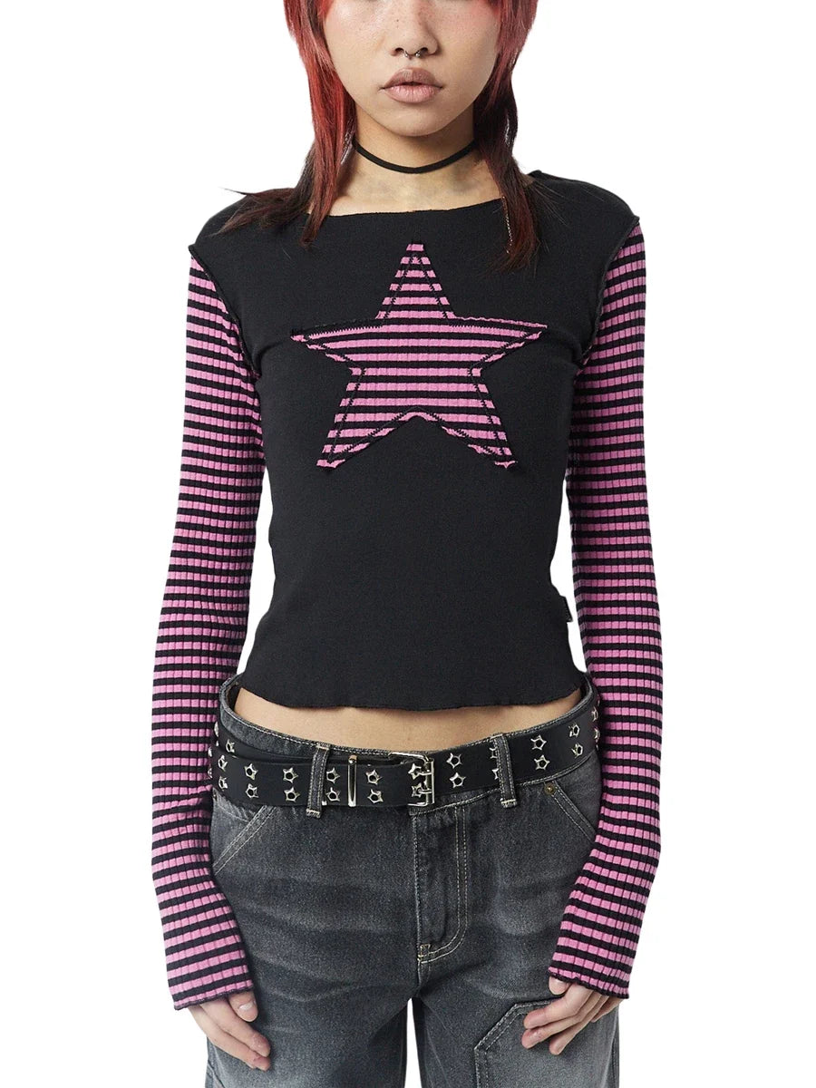 Early Autumn Punk Style Slim Fit T-shirt Women Long Sleeve Crew Neck Star Stripes Patchwork Ladies Tops for Casual Daily