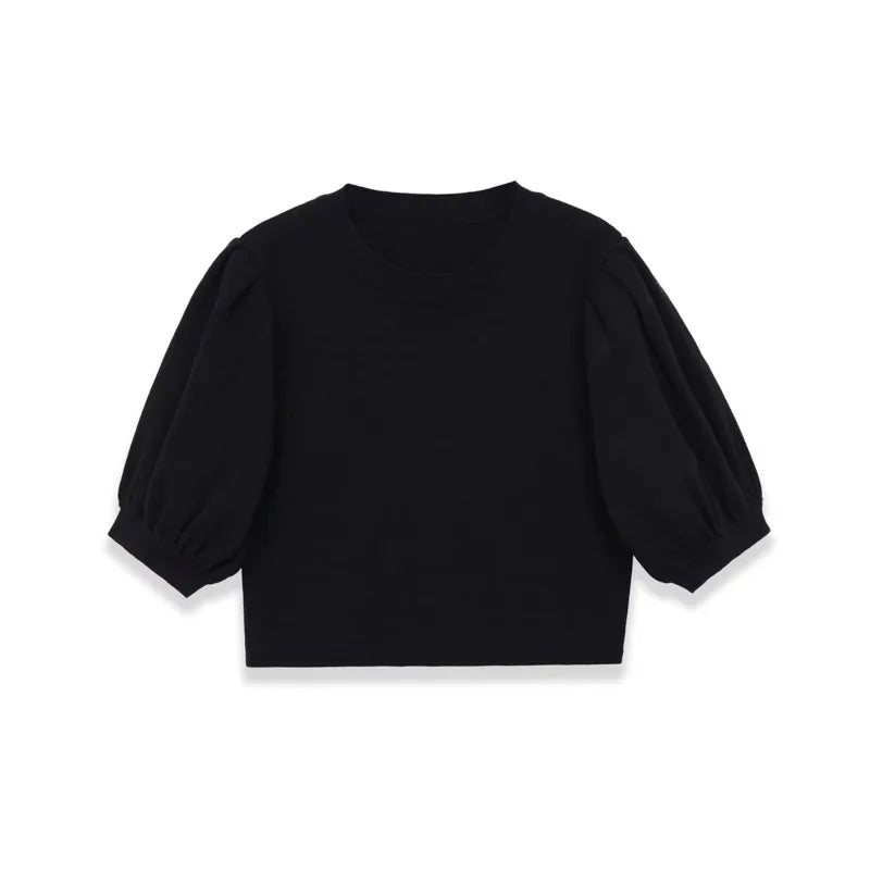 Fashion Casual Round-neck Puff Sleeve Knitted Top Women Black Puff Sleeve Knit T Shirt Crew Neck Short Sleeved Casual Top 99K0